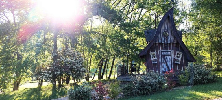 Cabane à l'aube avec le soleil en arrière plan