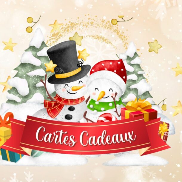 bonhommes de neige présentant les cartes cadeaux de Noël
